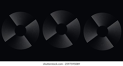 Modern abstract background. Halftone dots in circle form. Round logo. Vector dotted frame. Design element or icon. Black shape on a white background and the same white shape on the black side.