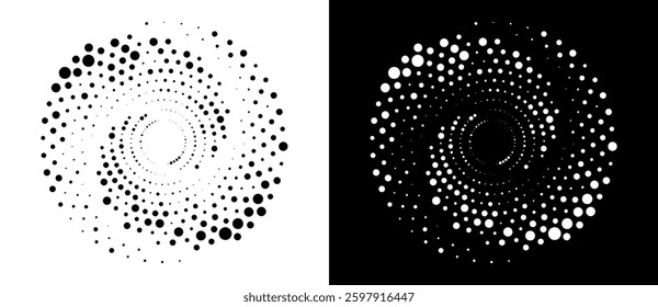 Modern abstract background. Halftone dots in circle form. Spiral logo, icon or design element. Black dots on a white background and white dots on the black side.