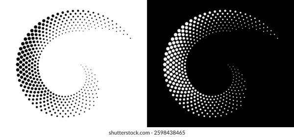 Modern abstract background. Halftone dots in circle form. Spiral logo, icon or design element. Black dots on a white background and white dots on the black side.