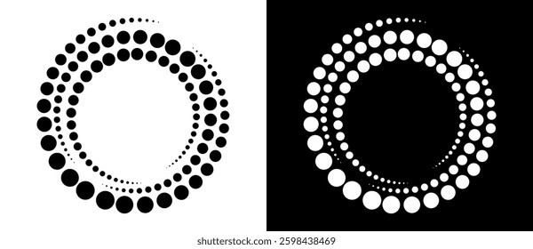 Modern abstract background. Halftone dots in circle form. Spiral logo, icon or design element. Black dots on a white background and white dots on the black side.