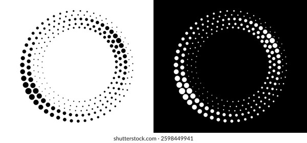 Modern abstract background. Halftone dots in circle form. Spiral logo, icon or design element. Black dots on a white background and white dots on the black side.