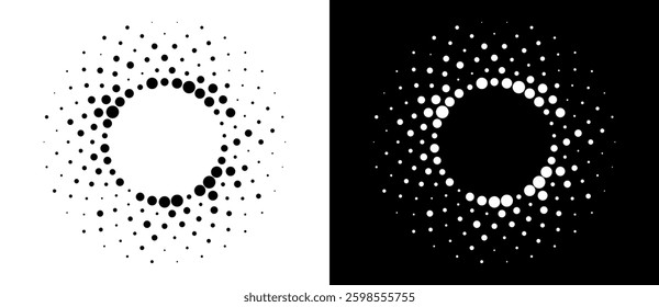 Modern abstract background. Halftone dots in circle form. Round logo, design element or icon. Vector dotted frame. A black figure on a white background and an equally white figure on the black side.
