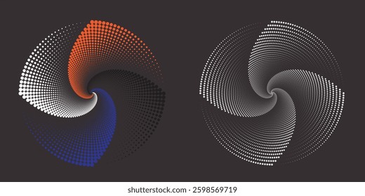 Modern abstract background. Halftone dots in circle form. Spiral logo, icon or design element. Black dots on a white background and white dots on the black side.