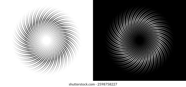 Modern abstract background. Halftone dots in circle form. Spiral logo, icon or design element. Black dots on a white background and white dots on the black side.