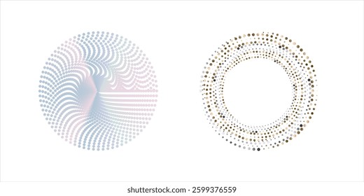 Modern abstract background. Halftone dots in circle form. Spiral logo, icon or design element. Black dots on a white background and white dots on the black side.