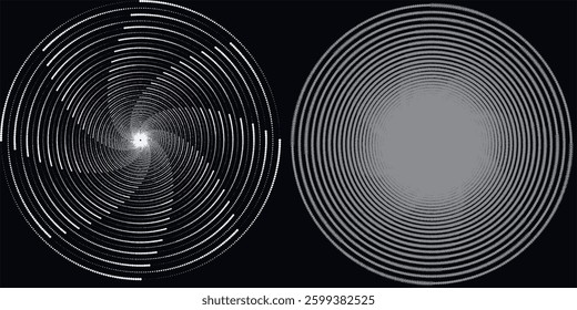 Modern abstract background. Halftone dots in circle form. Round logo. Vector dotted frame. Design element or icon. Black shape on a white background and the same white shape on the black side.