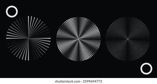 Modern abstract background. Halftone dots in circle form. Spiral logo, icon or design element. Black dots on a white background and white dots on the black side.