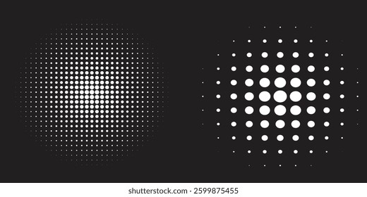 Modern abstract background. Halftone dots in circle form. Round logo. Vector dotted frame. Design element or icon. Black shape on a white background and the same white shape on the black side.