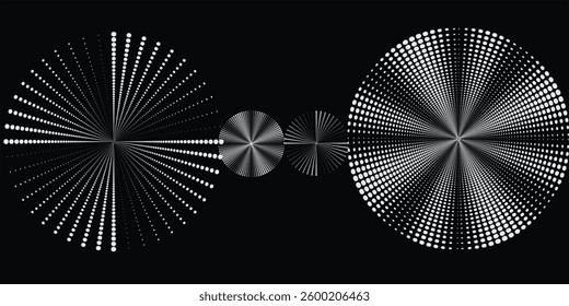 Modern abstract background. Halftone dots in circle form. Spiral logo, icon or design element. Black dots on a white background and white dots on the black side.