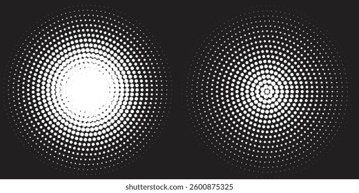 Modern abstract background. Halftone dots in circle form. Round logo. Vector dotted frame. Design element or icon. Black shape on a white background and the same white shape on the black side.
