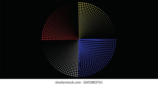 Modern abstract background. Halftone dots in circle form. Spiral logo, icon or design element. Black dots on a white background and white dots on the black side.