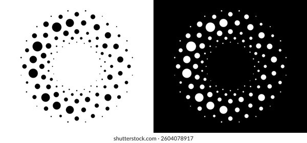 Modern abstract background. Halftone dots in circle form. Round logo, design element or icon. Vector dotted frame. A black figure on a white background and an equally white figure on the black side.