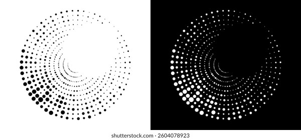 Modern abstract background. Halftone dots in circle form. Round logo, design element or icon. Vector dotted frame. A black figure on a white background and an equally white figure on the black side.