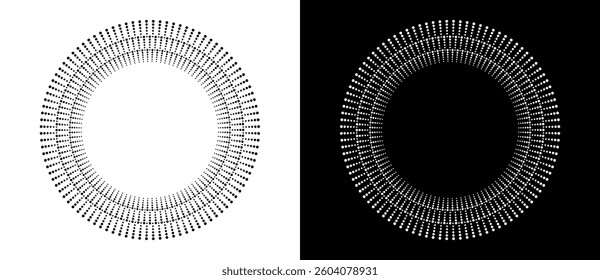 Modern abstract background. Halftone dots in circle form. Round logo, design element or icon. Vector dotted frame. A black figure on a white background and an equally white figure on the black side.
