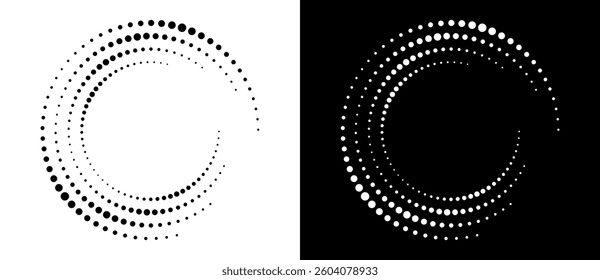 Modern abstract background. Halftone dots in circle form. Round logo, design element or icon. Vector dotted frame. A black figure on a white background and an equally white figure on the black side.