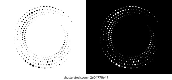 Modern abstract background. Halftone dots in circle form. Round logo, design element or icon. Vector dotted frame. A black figure on a white background and an equally white figure on the black side.