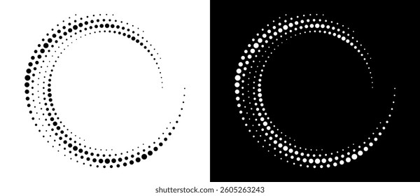 Modern abstract background. Halftone dots in circle form. Round logo, design element or icon. Vector dotted frame. A black figure on a white background and an equally white figure on the black side.