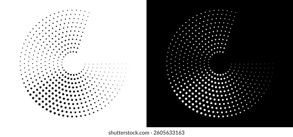 Modern abstract background. Halftone dots in circle form. Letter C like logo, icon or design element. Black dots on a white background and white dots on the black side.