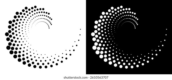 Modern abstract background. Halftone dots in spiral form. Round logo, design element or icon. Vector dotted frame. A black figure on a white background and an equally white figure on the black side.