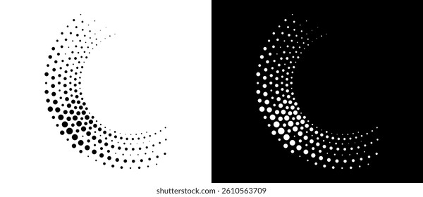 Modern abstract background. Halftone dots in spiral form. Round logo, design element or icon. Vector dotted frame. A black figure on a white background and an equally white figure on the black side.