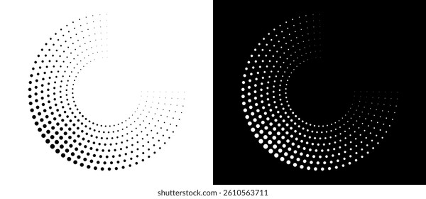 Modern abstract background. Halftone dots in spiral form. Round logo, design element or icon. Vector dotted frame. A black figure on a white background and an equally white figure on the black side.