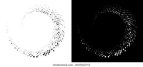 Modern abstract background. Halftone dots in spiral form. Round logo, design element or icon. Vector dotted frame. A black figure on a white background and an equally white figure on the black side.