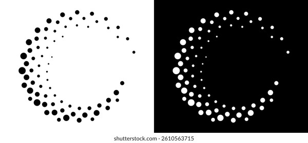 Modern abstract background. Halftone dots in spiral form. Round logo, design element or icon. Vector dotted frame. A black figure on a white background and an equally white figure on the black side.