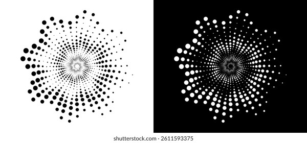 Modern abstract background. Halftone dots like flower. Can be used as logo, icon or design element. Black spiral on a white background and white spiral on the black side.