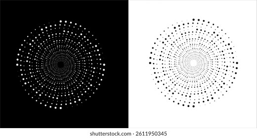 Modern abstract background. Halftone dots in circle form. Sun concept. Vector dotted frame. Design element or icon. Black shape on a white background and the same white shape on the black side.
