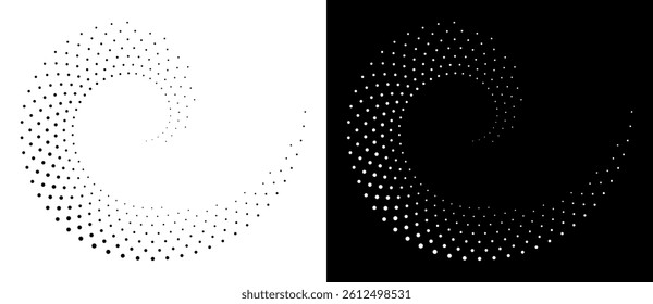 Modern abstract background. Halftone dots in spiral form. Round logo, design element or icon. Vector dotted frame. A black figure on a white background and an equally white figure on the black side.