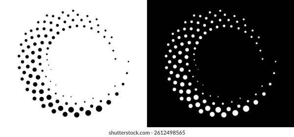 Modern abstract background. Halftone dots in spiral form. Round logo, design element or icon. Vector dotted frame. A black figure on a white background and an equally white figure on the black side.