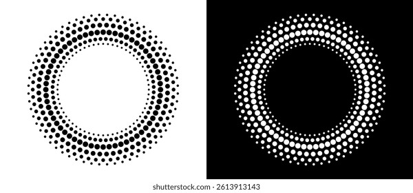 Modern abstract background. Halftone dots in circle form. Round logo, design element or icon. Vector dotted frame. A black figure on a white background and an equally white figure on the black side.
