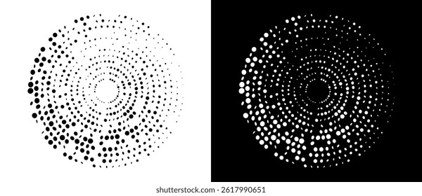 Modern abstract background. Halftone dots in circle form. Round logo. Vector dotted frame. Design element or icon. Black shape on a white background and the same white shape on the black side.