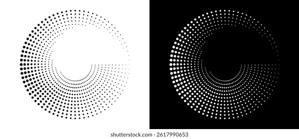Modern abstract background. Halftone dots in circle form. Round logo. Vector dotted frame. Design element or icon. Black shape on a white background and the same white shape on the black side.