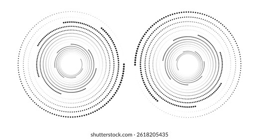 Modern abstract background. Halftone dots in circle form. Spiral logo, icon or design element. Black dots on a white background and white dots on the black side.