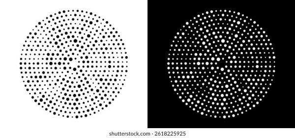 Modern abstract background. Halftone dots in circle form. Round logo. Vector dotted frame. Design element or icon. Black shape on a white background and the same white shape on the black side.
