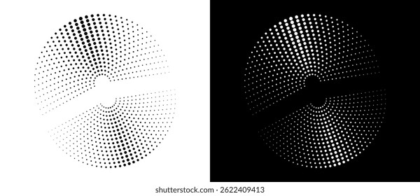 Modern abstract background. Halftone dots in circle form. Round logo. Vector dotted frame. Design element or icon. Black shape on a white background and the same white shape on the black side.