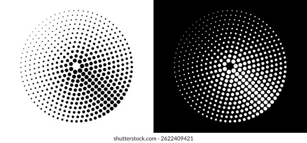 Modern abstract background. Halftone dots in circle form. Round logo. Vector dotted frame. Design element or icon. Black shape on a white background and the same white shape on the black side.