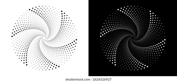 Modern abstract background. Halftone dots in circle form. Spiral logo, icon or design element. Black dots on a white background and white dots on the black side.