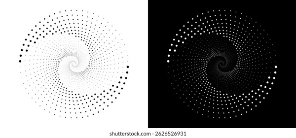 Modern abstract background. Halftone dots in circle form. Spiral logo, icon or design element. Black dots on a white background and white dots on the black side.