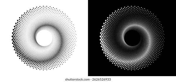 Modern abstract background. Halftone dots in circle form. Spiral logo, icon or design element. Black dots on a white background and white dots on the black side.
