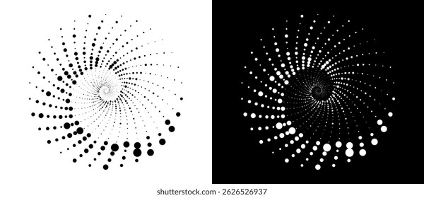 Modern abstract background. Halftone dots in circle form. Spiral logo, icon or design element. Black dots on a white background and white dots on the black side.