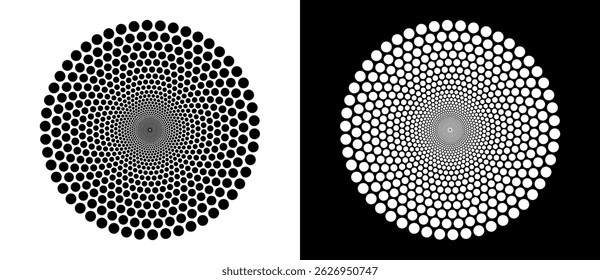 Fundo abstrato moderno. Pontos de meio-tom em forma de círculo. Logotipo redondo. Quadro pontilhado vetorial. Elemento ou ícone de design. Forma preta em um plano de fundo branco e a mesma forma branca no lado preto.