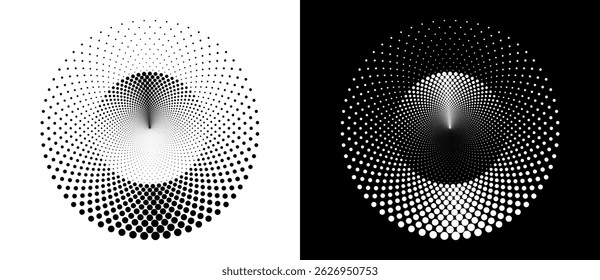 Modern abstract background. Halftone dots in circle form. Round logo. Vector dotted frame. Design element or icon. Black shape on a white background and the same white shape on the black side.