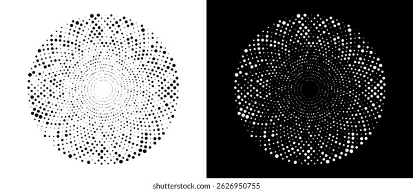 Modern abstract background. Halftone dots in circle form. Round logo. Vector dotted frame. Design element or icon. Black shape on a white background and the same white shape on the black side.