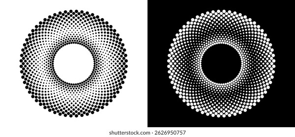 Modern abstract background. Halftone dots in circle form. Round logo. Vector dotted frame. Design element or icon. Black shape on a white background and the same white shape on the black side.