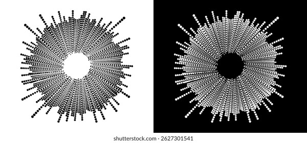 Modern abstract background. Halftone dots in circle form. Sun concept. Vector dotted frame. Design element or icon. Black shape on a white background and the same white shape on the black side.