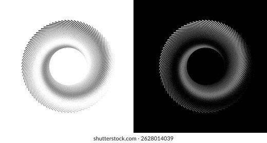 Fondo abstracto moderno. Puntos semitonos en forma de círculo. Logotipo espiral, icono o elemento de diseño. Puntos negros en un fondo blanco y puntos blancos en el lado negro punteado artes