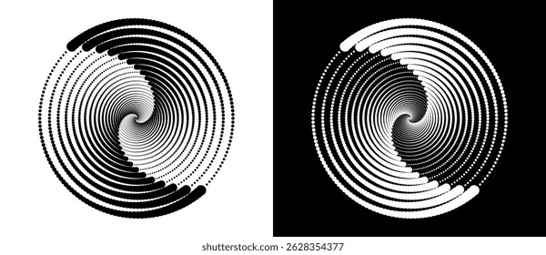 Fondo abstracto moderno. Puntos semitonos en forma de círculo. Logotipo espiral, icono o elemento de diseño. Puntos negros sobre un fondo blanco y puntos blancos en el lado negro.