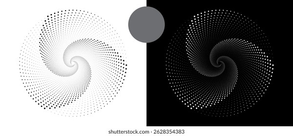 Modern abstract background. Halftone dots in circle form. Spiral logo, icon or design element. Black dots on a white background and white dots on the black side.